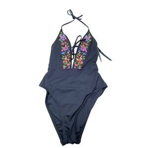 La Blanca Women’s Black Floral Embroidered Halter Swimsuit One-Piece Sz 12 - New